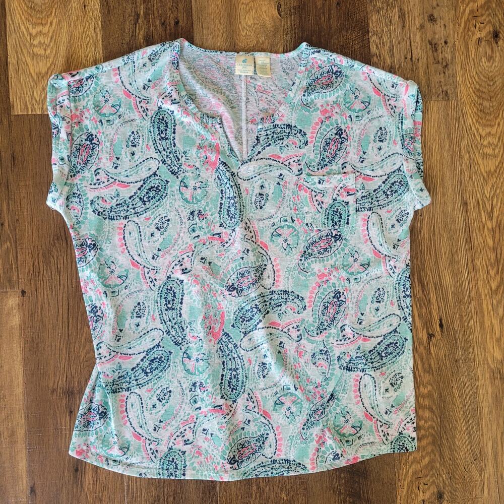 Caribbean Joe Womens 2X Paisley Blue/Pink Short Sleeve Shirt Beach Pool Vacation